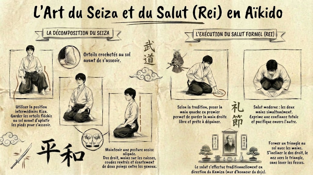 Infographie : l'art du seiza et du salut (rei) en aïkido, décomposition du seiza et exécution du salut formel