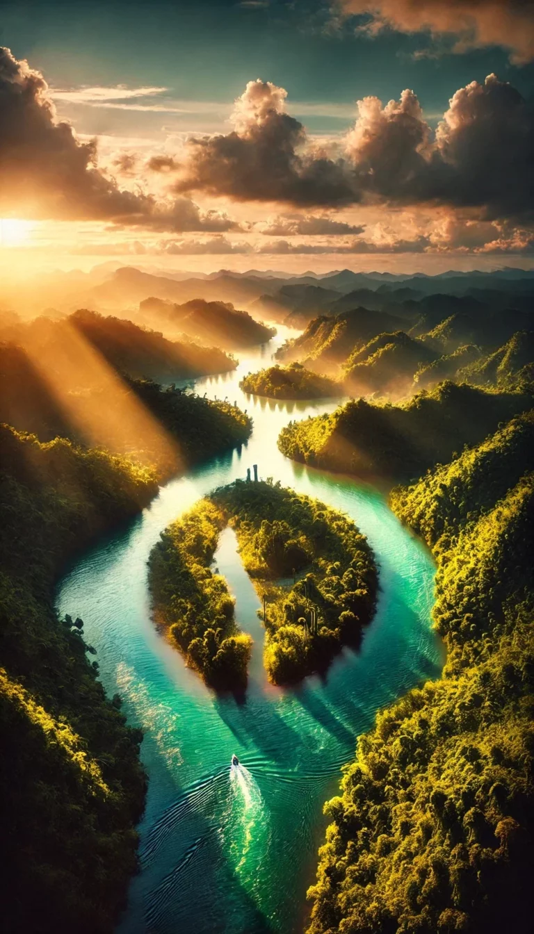 Paysage de rivi&egrave;re serpentant dans un canyon verdoyant
