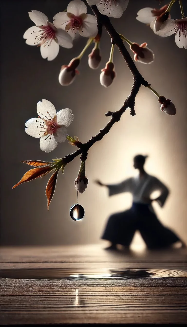 Branche de cerisier en fleurs et silhouette d'un pratiquant d'a&iuml;kido