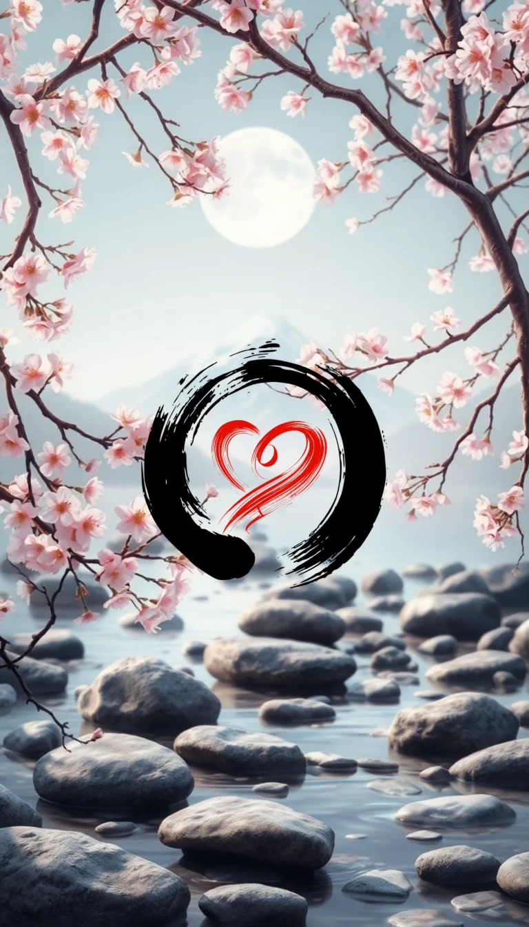 Calligraphie d'un c&oelig;ur (Kokoro Musubi) sur une branche de cerisier en fleurs