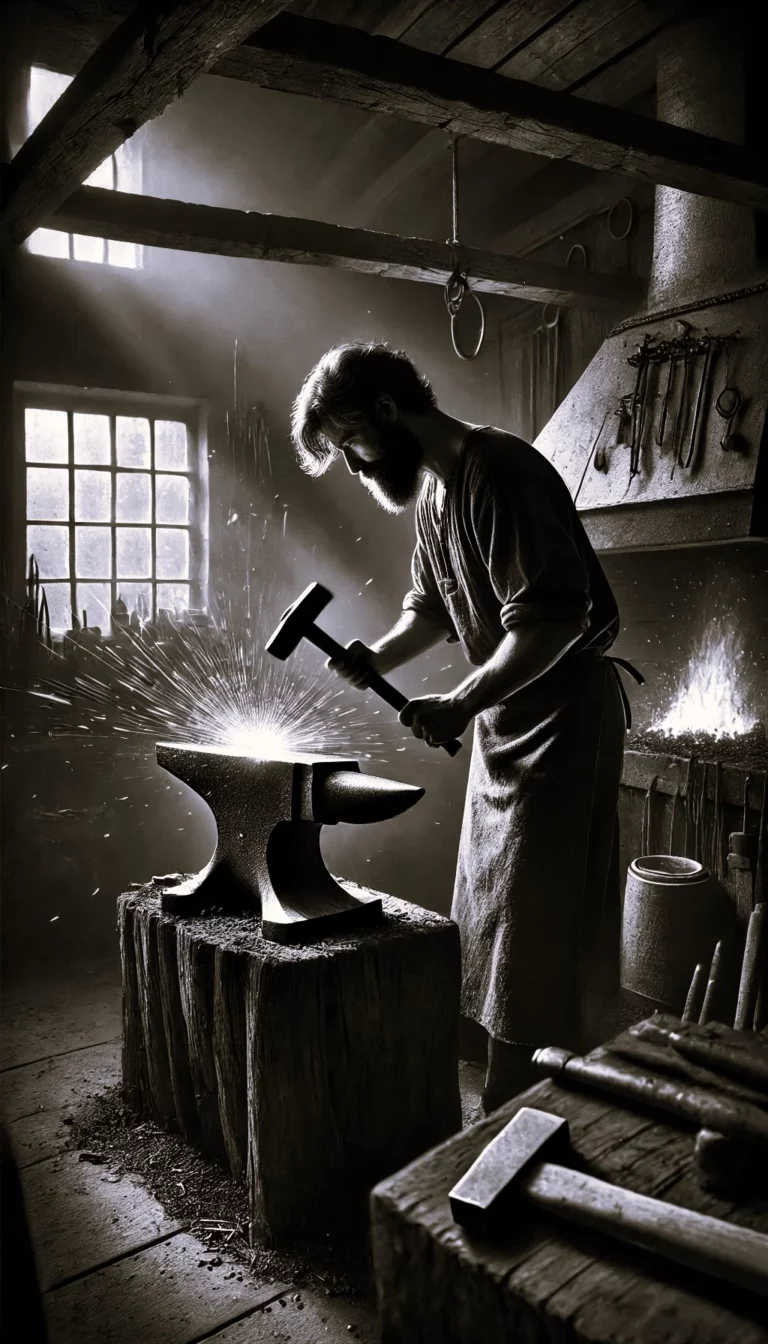 Forgeron martelant une pi&egrave;ce de m&eacute;tal incandescent sur une enclume