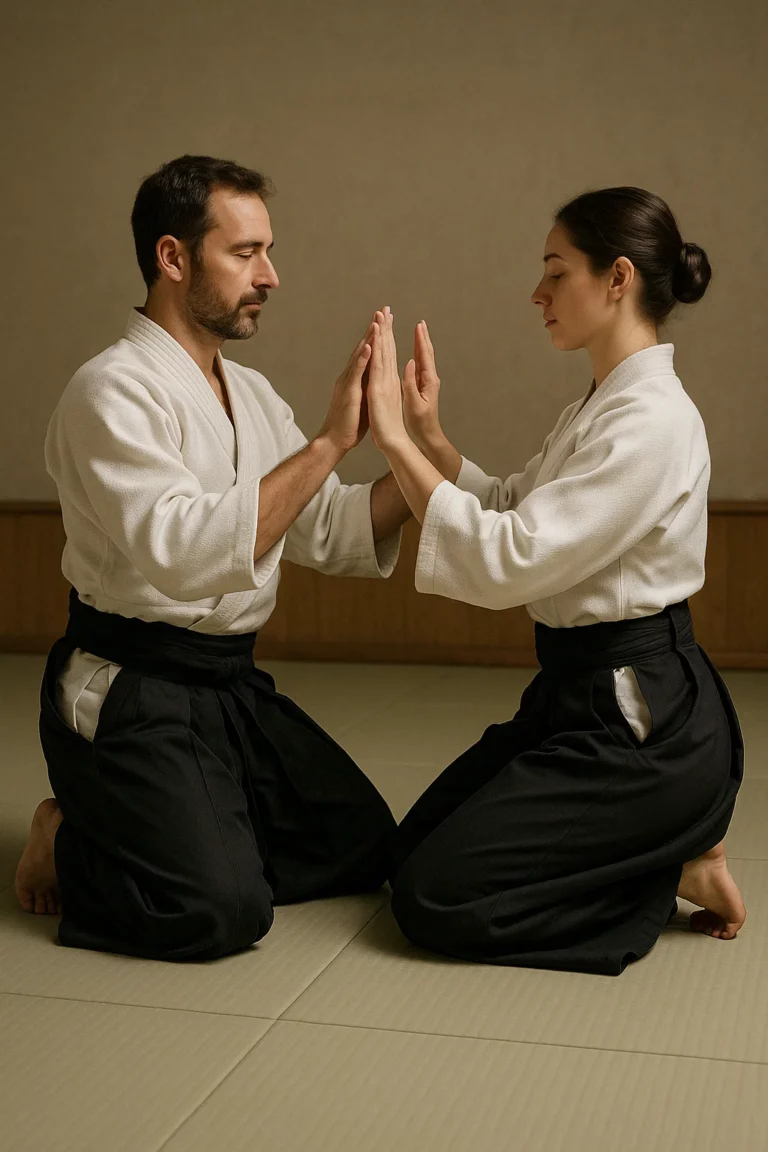 Deux pratiquants d'a&iuml;kido en plein exercice, technique de contr&ocirc;le